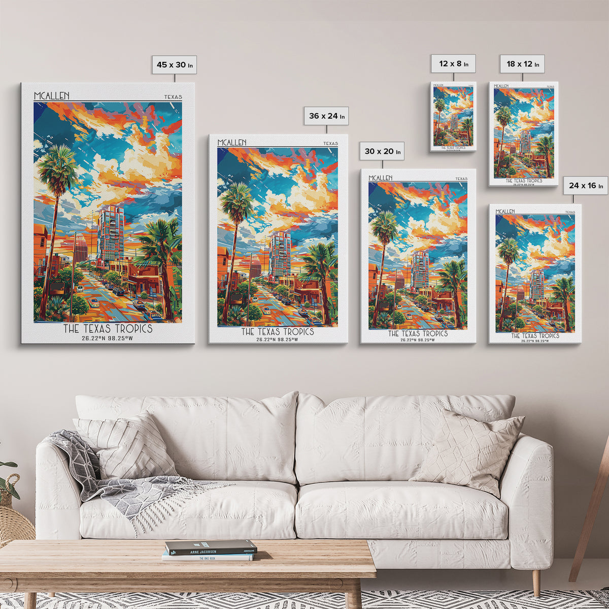 McAllen Travel Poster, Framed Canvas Print, Retro Wall Art, Travel Print, Home Decor, City Illustration, Art Print, Travel Art Print