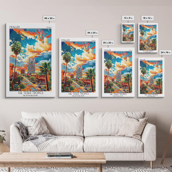 McAllen Travel Poster, Framed Canvas Print, Retro Wall Art, Travel Print, Home Decor, City Illustration, Art Print, Travel Art Print