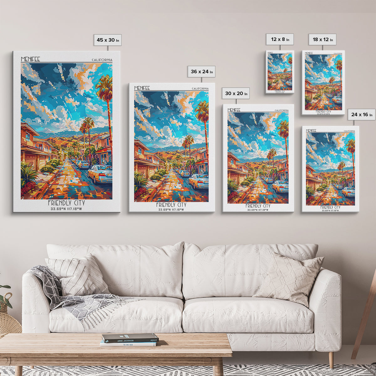 Menifee Travel Poster, Framed Canvas Print, Retro Travel Poster, City Wall Art, Living Room Wall Art, Retro Wall Art, Vintage Poster