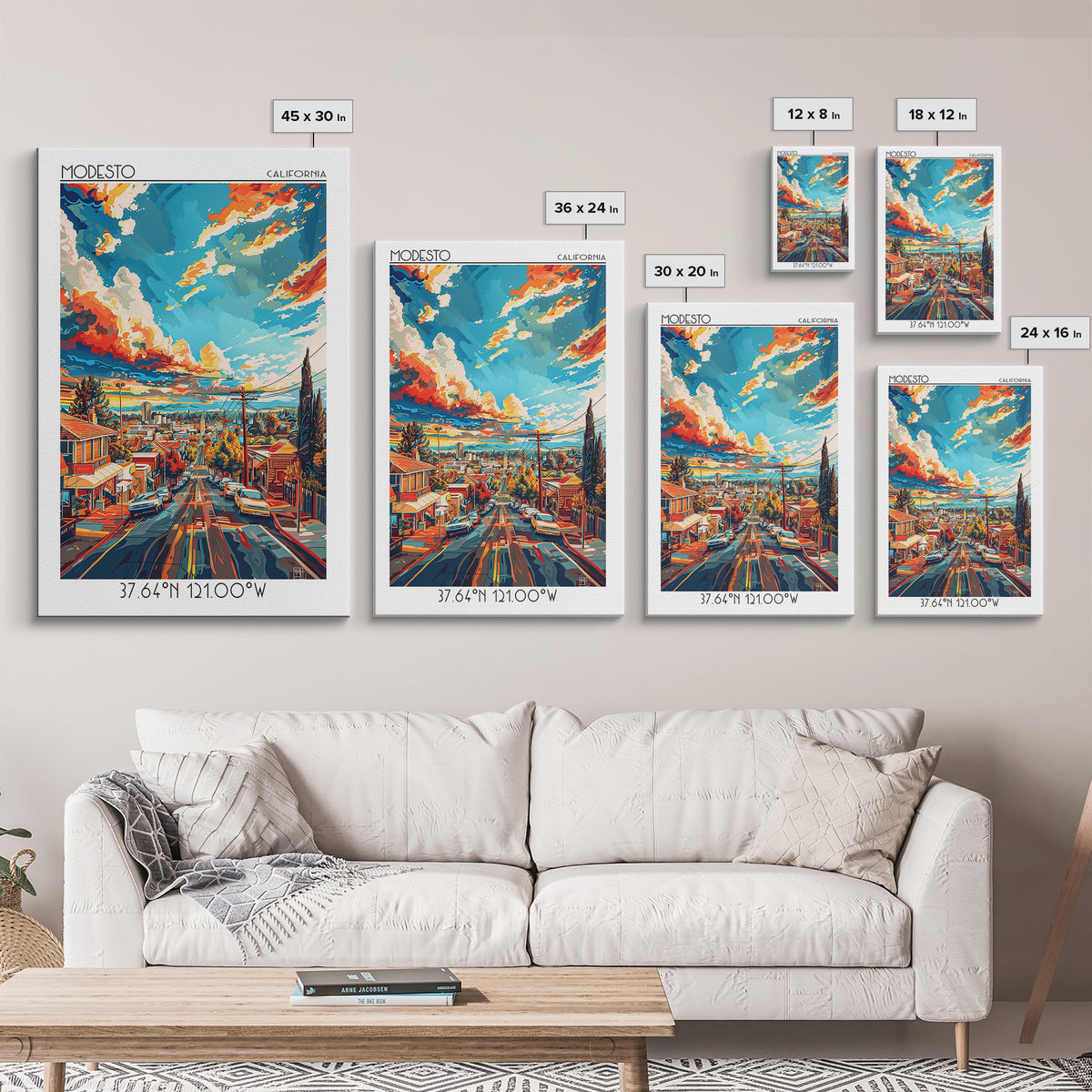 Modesto Travel Poster, Framed Canvas Print, Retro Wall Art, Travel Print, Vintage Travel, Travel Wall Art, Poster Art, City Wall Art