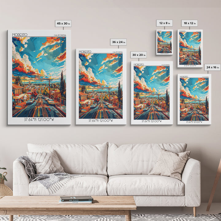 Modesto Travel Poster, Framed Canvas Print, Retro Wall Art, Travel Print, Vintage Travel, Travel Wall Art, Poster Art, City Wall Art