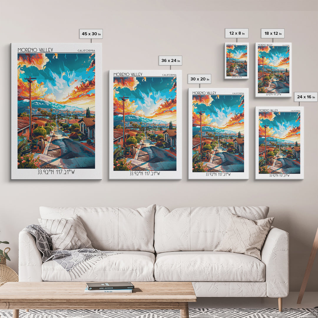 Moreno Valley Travel Poster, Framed Canvas Print, Poster Print, Travel Wall Art, Travel Posters, Mid Century Wall Art, City Wall Art