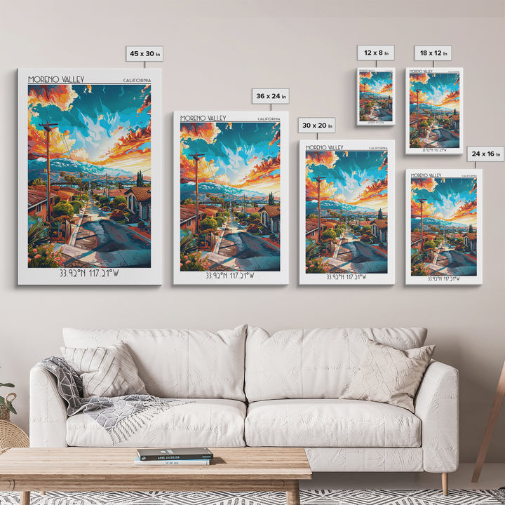 Moreno Valley Travel Poster, Framed Canvas Print, Poster Print, Travel Wall Art, Travel Posters, Mid Century Wall Art, City Wall Art