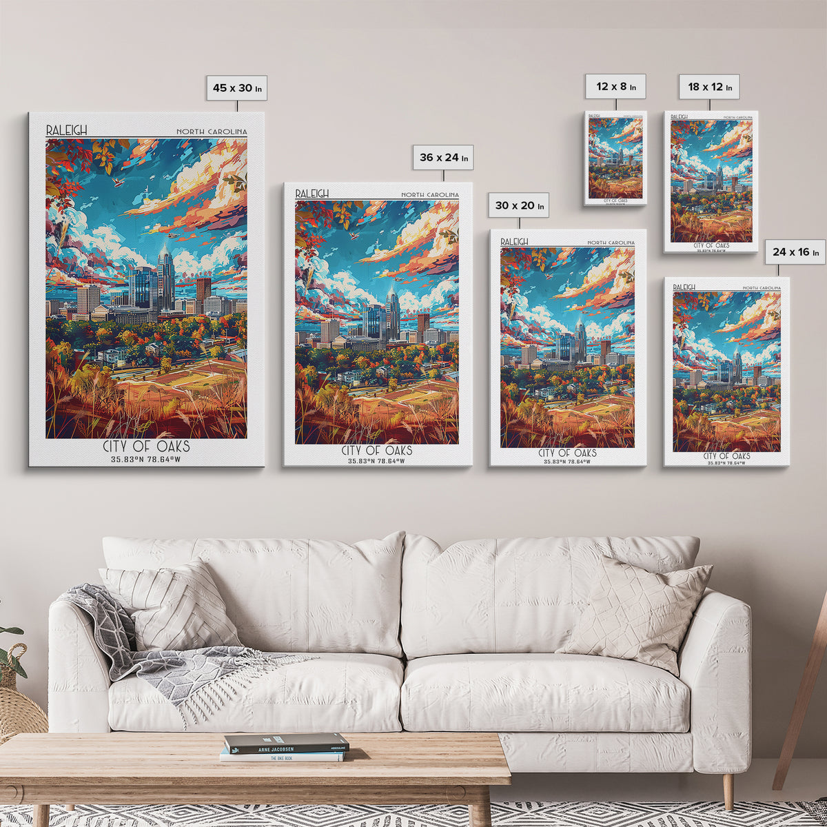 Raleigh Travel Poster, Framed Canvas Print, Travel Prints, Landscape Art, City Travel Poster, Gallery Wall Set, Mid Century Wall Art