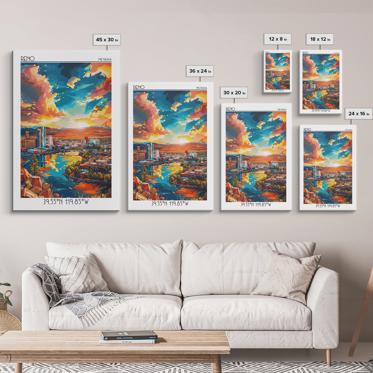 Reno Travel Poster, Framed Canvas Print, City Travel Poster, Travel Wall Art, City Illustration, Vintage City Poster, Retro Wall Art