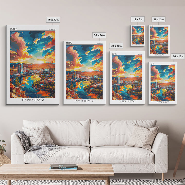 Reno Travel Poster, Framed Canvas Print, City Travel Poster, Travel Wall Art, City Illustration, Vintage City Poster, Retro Wall Art