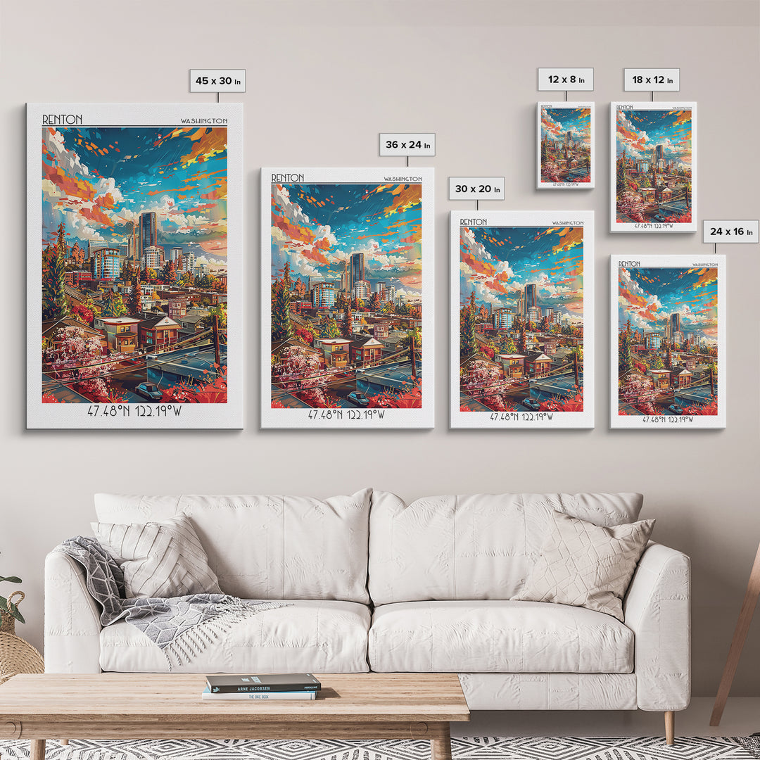 Renton Travel Poster, Canvas Print, Poster Print, Travel Wall Art, Wanderlust Gift, City Illustration, Vintage Poster, Travel Prints