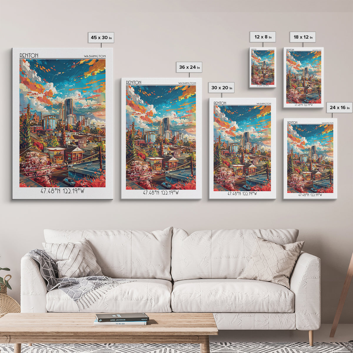 Renton Travel Poster, Canvas Print, Poster Print, Travel Wall Art, Wanderlust Gift, City Illustration, Vintage Poster, Travel Prints