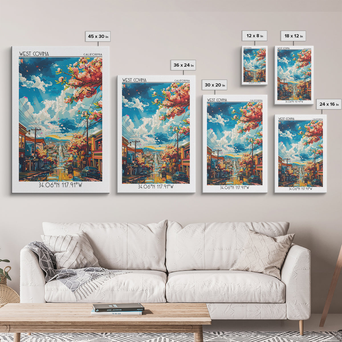 West Covina Travel Poster, Framed Canvas Print, Retro Travel Poster, City Wall Art, Modern Wall Decor, Minimalist Poster, Poster Art