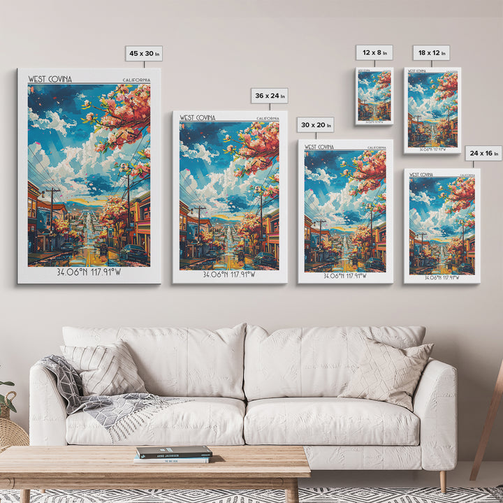 West Covina Travel Poster, Framed Canvas Print, Retro Travel Poster, City Wall Art, Modern Wall Decor, Minimalist Poster, Poster Art