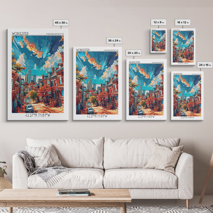 Worcester Travel Poster, Framed Canvas Print, Travel Wall Art, City Wall Art, Vintage Poster, City Illustration, Vintage City Poster
