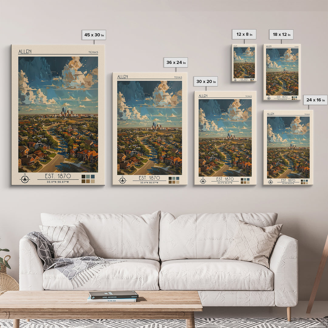 Allen Travel Poster, Canvas Print, City Travel Poster, Vintage City Poster, City Illustration, Wanderlust Gift, Mid Century Wall Art
