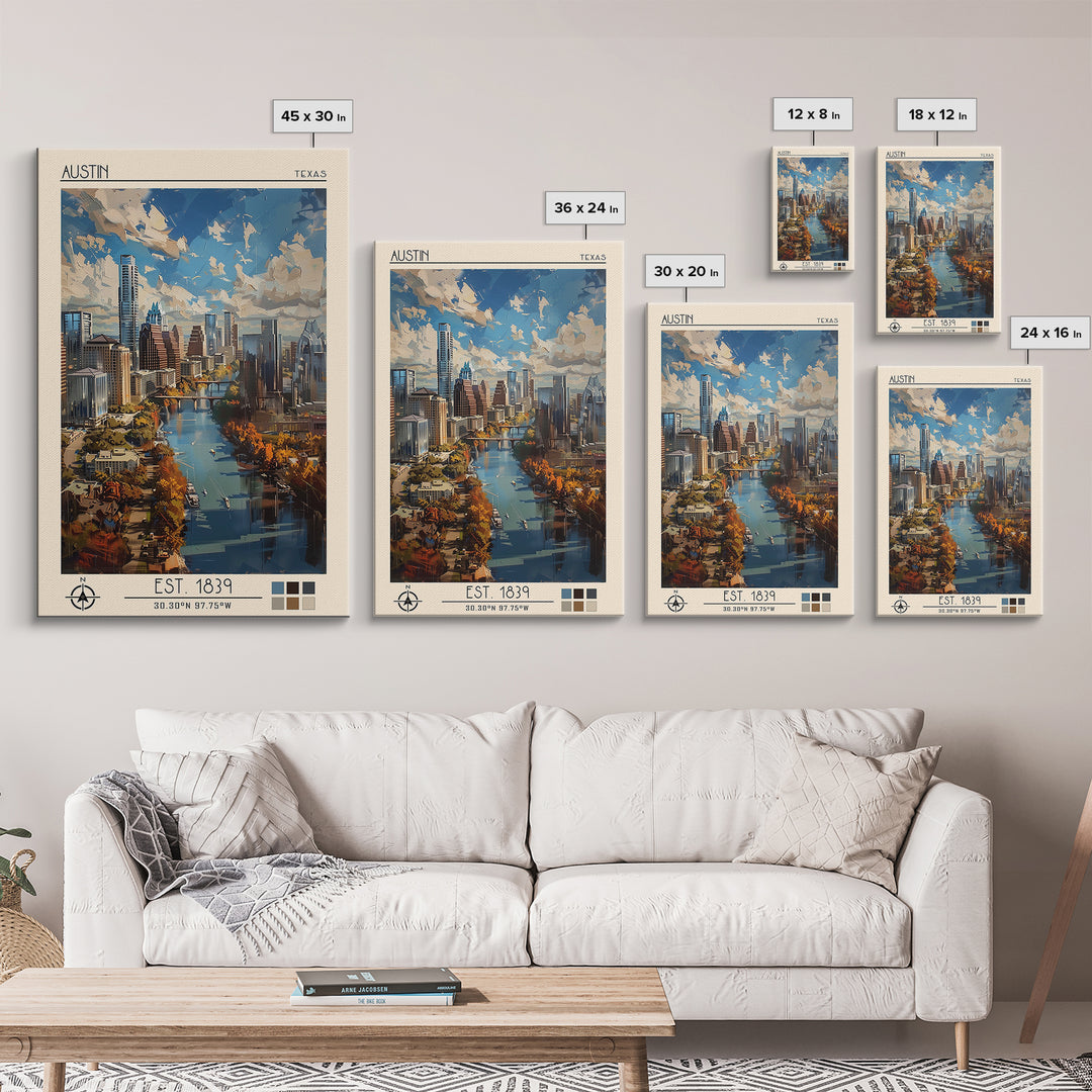 Austin Travel Poster, Framed Canvas Print, City Travel Poster, Travel Wall Art, Wanderlust Gift, Travel Art Print, City Illustration