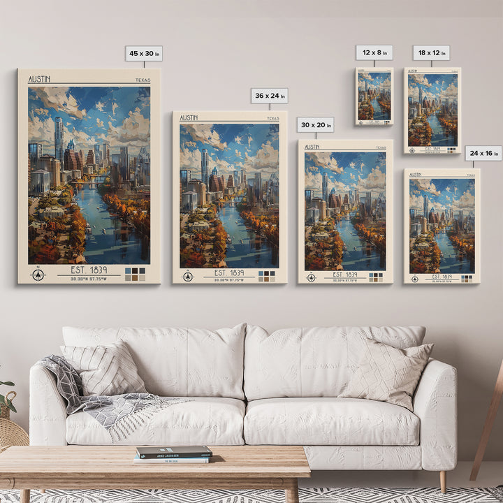 Austin Travel Poster, Framed Canvas Print, City Travel Poster, Travel Wall Art, Wanderlust Gift, Travel Art Print, City Illustration
