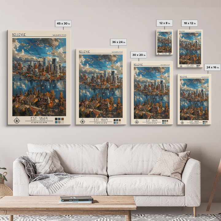 Bellevue Travel Poster, Framed Canvas Print, Travel Wall Decor, Minimalist Poster, Modern Wall Decor, Travel Print, Gallery Wall Set