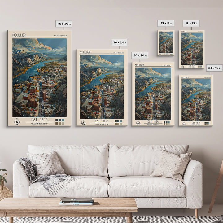 Boulder Travel Poster, Framed Canvas Print, City Travel Poster, Travel Wall Art, Colorful Wall Art, City Illustration, Landscape Art