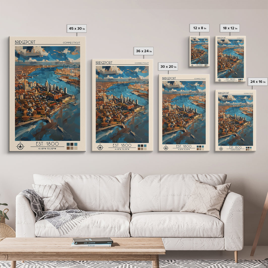 Bridgeport Travel Poster, Canvas Print, Retro Travel Poster, City Wall Art, Travel Wall Art, Colorful Wall Art, Watercolor Cityscape