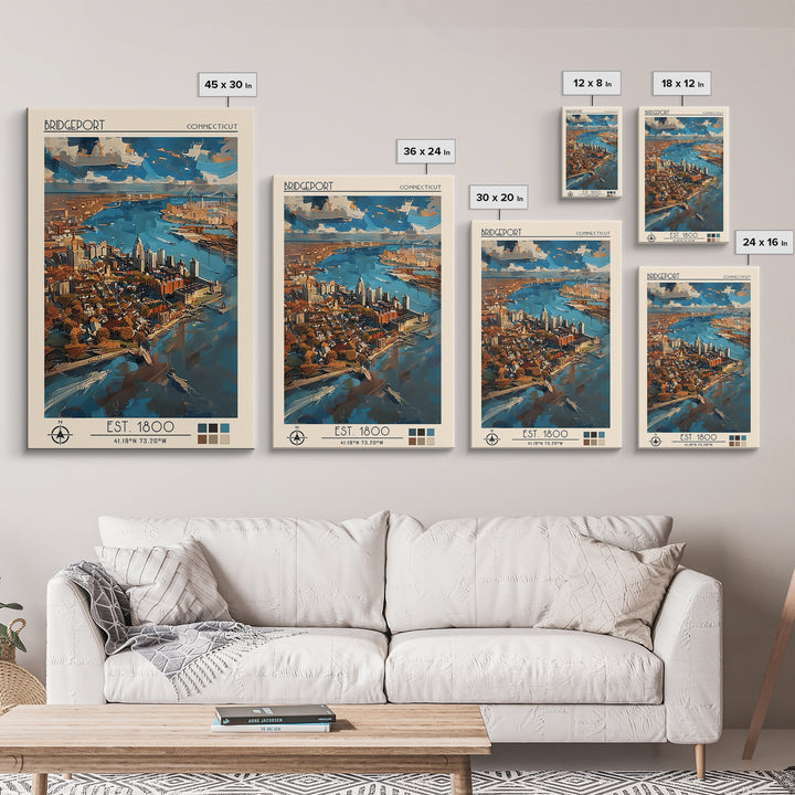 Bridgeport Travel Poster, Canvas Print, Retro Travel Poster, City Wall Art, Travel Wall Art, Colorful Wall Art, Watercolor Cityscape