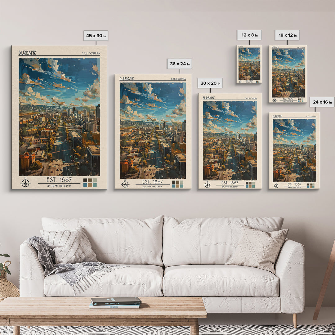 Burbank Travel Poster, Canvas Print, City Travel Poster, Travel Wall Decor, Living Room Wall Art, Travel Wall Art, Colorful Wall Art
