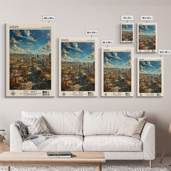Burbank Travel Poster, Canvas Print, City Travel Poster, Travel Wall Decor, Living Room Wall Art, Travel Wall Art, Colorful Wall Art