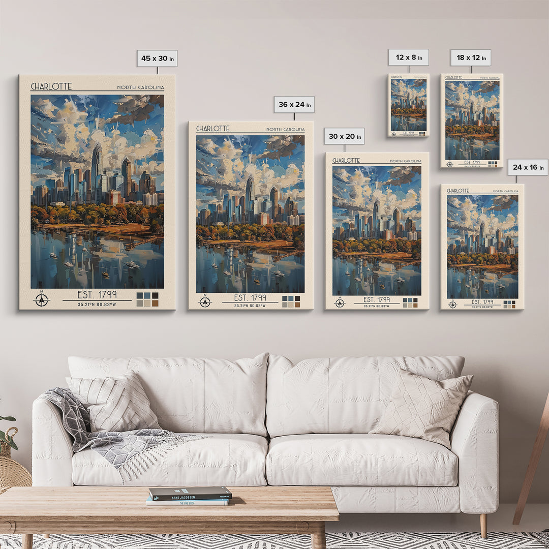 Charlotte Travel Poster, Framed Canvas Print, Travel Art Print, Modern Wall Decor, Wanderlust Gift, Watercolor Cityscape, Poster Art