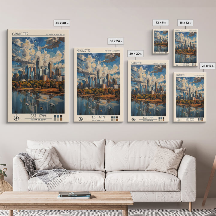 Charlotte Travel Poster, Framed Canvas Print, Travel Art Print, Modern Wall Decor, Wanderlust Gift, Watercolor Cityscape, Poster Art