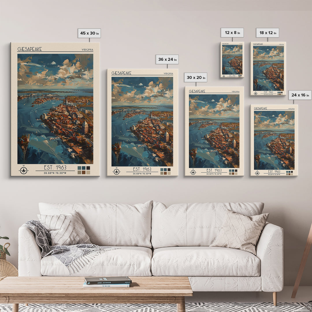 Chesapeake Travel Poster, Framed Canvas Print, Retro Wall Art, Travel Print, Watercolor Cityscape, Travel Posters, Minimalist Poster