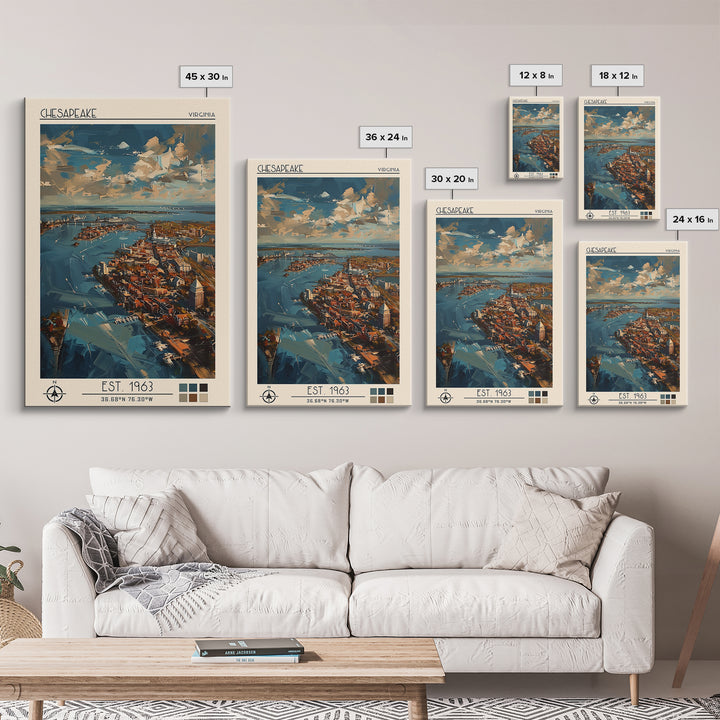 Chesapeake Travel Poster, Framed Canvas Print, Retro Wall Art, Travel Print, Watercolor Cityscape, Travel Posters, Minimalist Poster