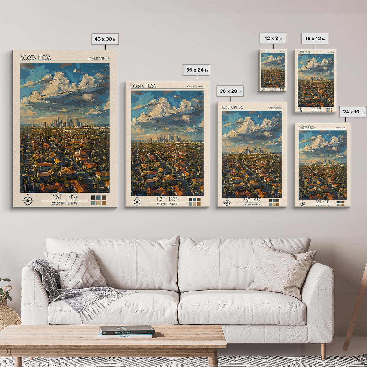 Costa Mesa Travel Poster, Framed Canvas Print, Travel Prints, Landscape Art, Travel Wall Decor, Fine Art Print, Living Room Wall Art