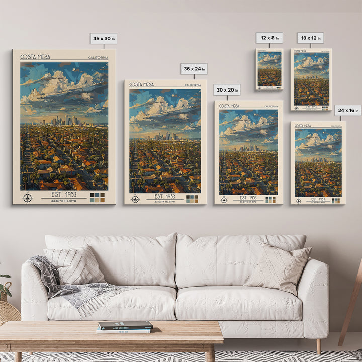 Costa Mesa Travel Poster, Framed Canvas Print, Travel Prints, Landscape Art, Travel Wall Decor, Fine Art Print, Living Room Wall Art