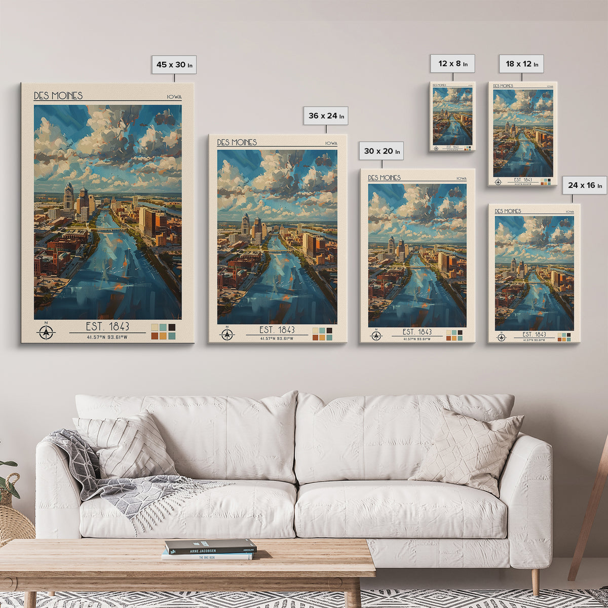 Des Moines Travel Poster, Framed Canvas Print, Retro Wall Art, Travel Print, Travel Art Print, Travel Wall Decor, City Travel Poster