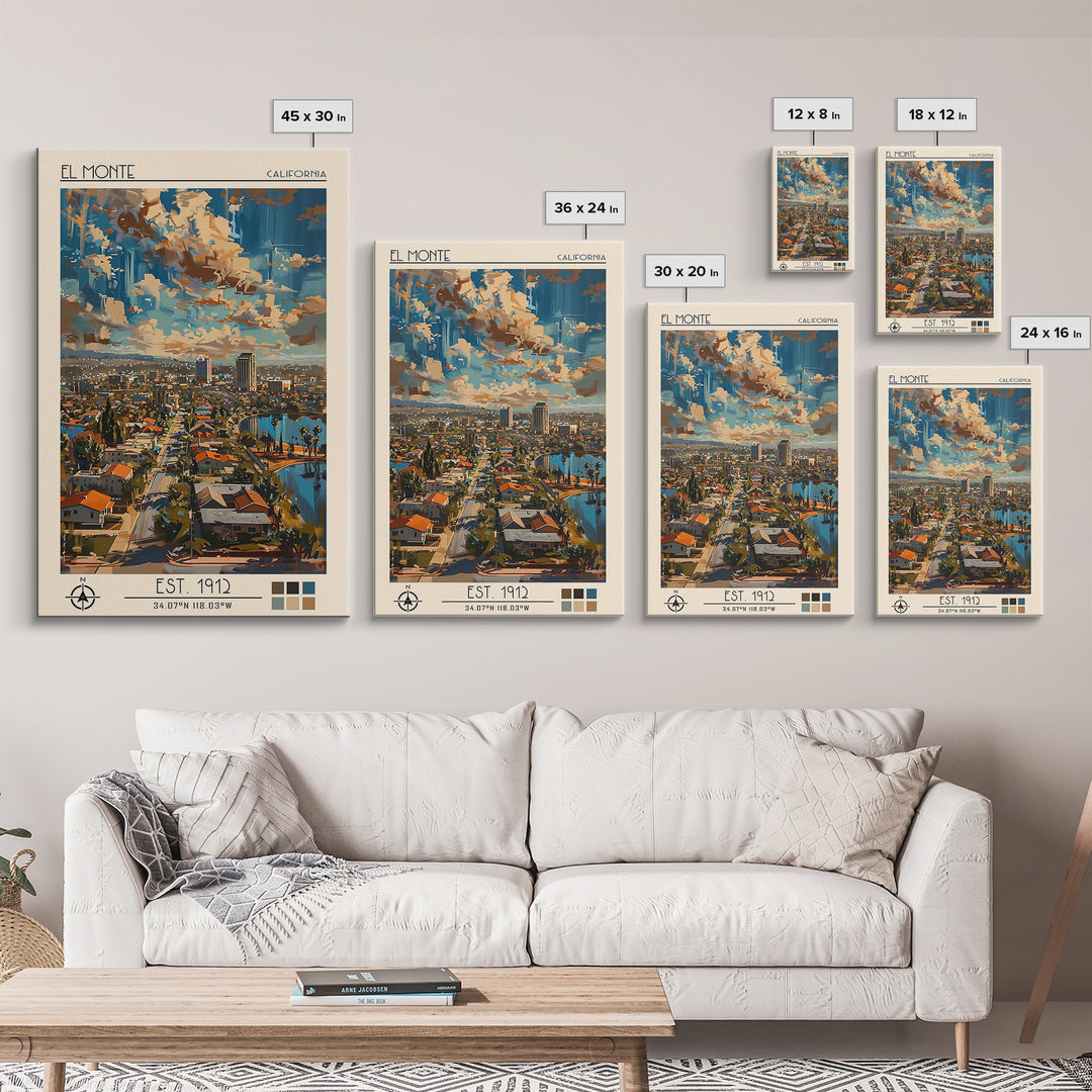 El Monte Travel Poster, Framed Canvas Print, Retro Wall Art, Travel Print, Modern Wall Decor, Watercolor Cityscape, Travel Art Print