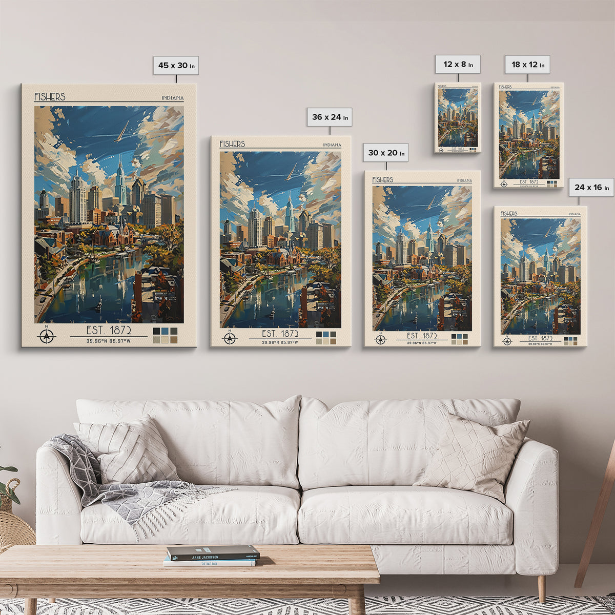 Fishers Travel Poster, Canvas Print, City Travel Poster, Travel Wall Art, Watercolor Cityscape, Gallery Wall Set, Retro Travel Print