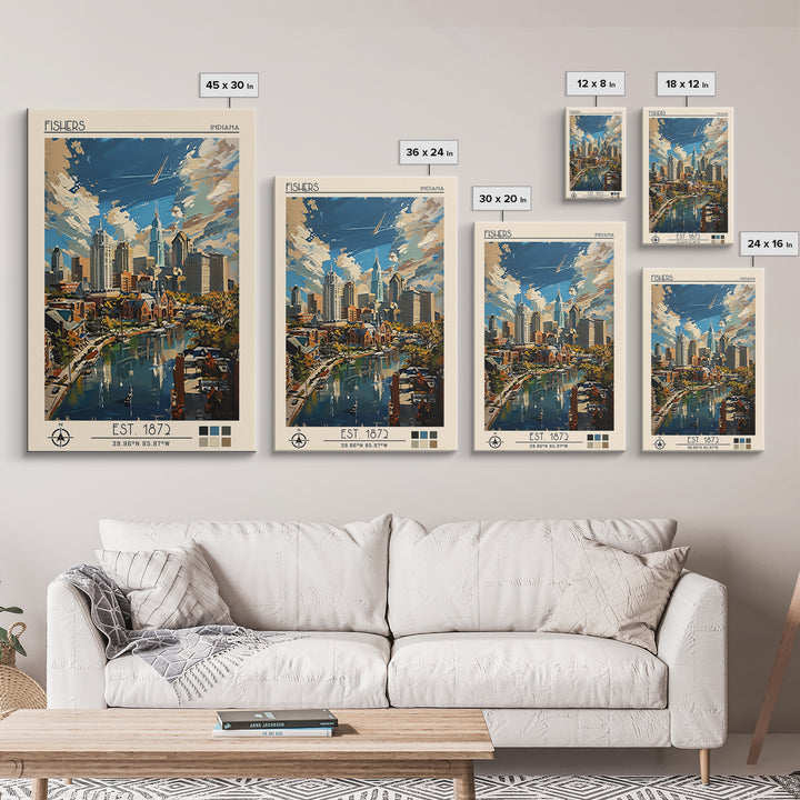 Fishers Travel Poster, Canvas Print, City Travel Poster, Travel Wall Art, Watercolor Cityscape, Gallery Wall Set, Retro Travel Print