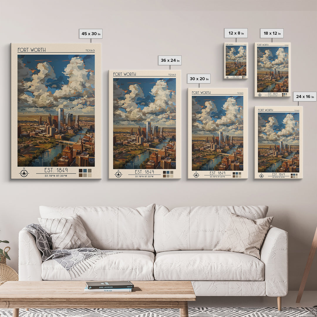 Fort Worth Travel Poster, Framed Canvas Print, Travel Prints, Landscape Art, City Art Print, Vintage Travel Art, Vintage City Poster