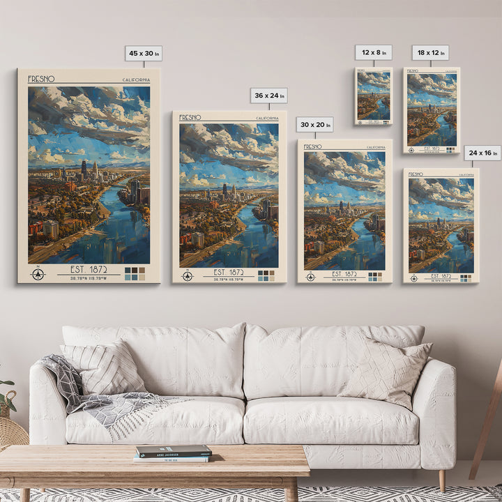 Fresno Travel Poster, Framed Canvas Print, Travel Art Print, Modern Wall Decor, Watercolor Cityscape, Fine Art Print, Retro Wall Art