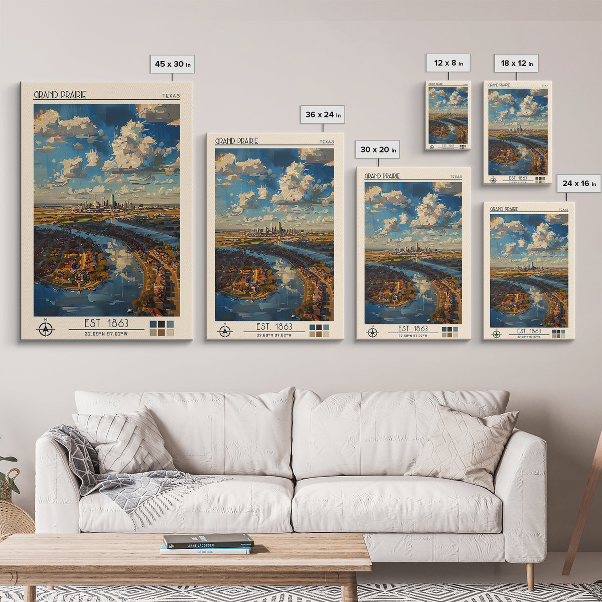 Grand Prairie Travel Poster, Framed Canvas Print, Travel Wall Art, City Wall Art, Retro Travel Print, Travel Prints, Vintage Posters