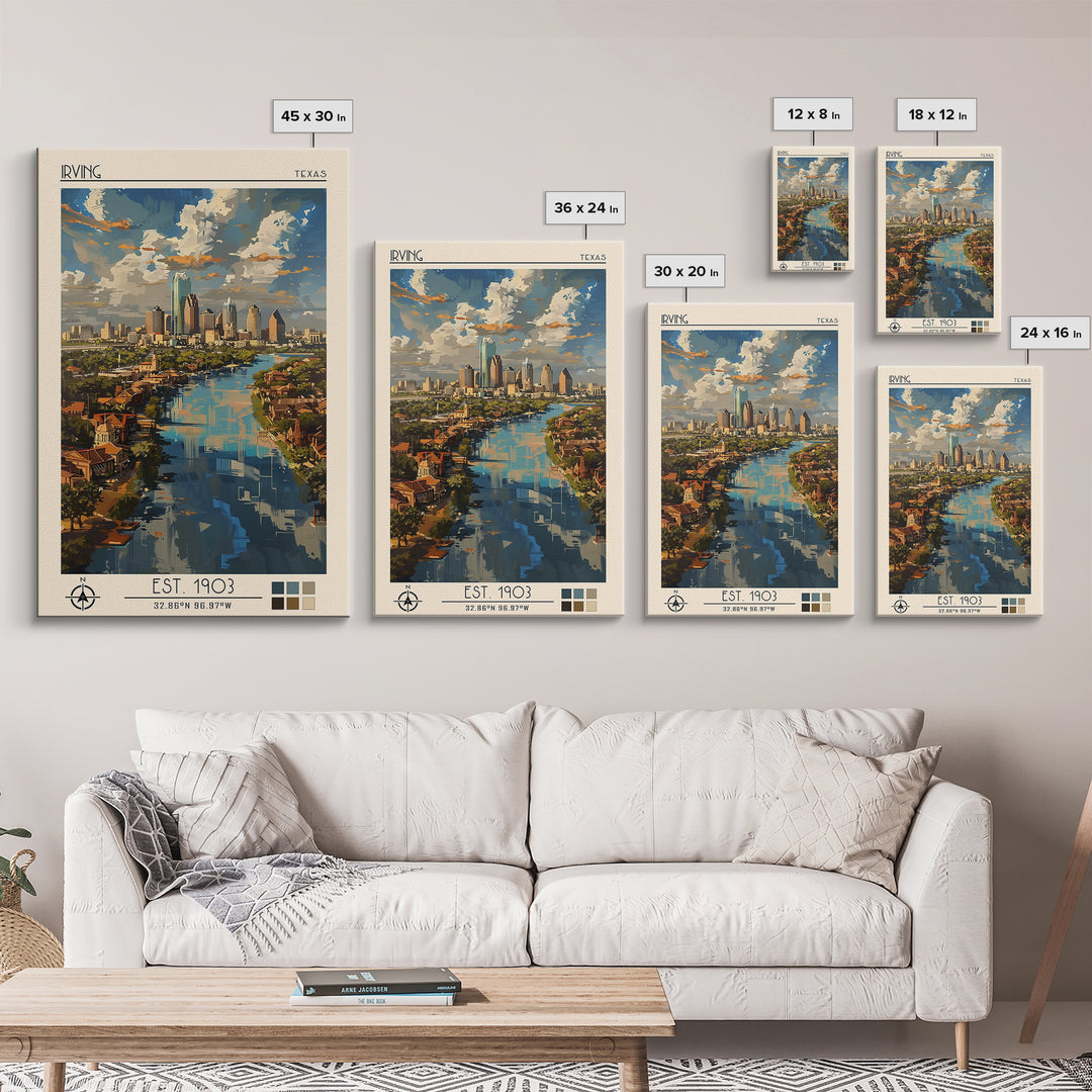 Irving Travel Poster, Framed Canvas Print, Travel Prints, Landscape Art, Retro Travel Poster, Watercolor Cityscape, Travel Art Print