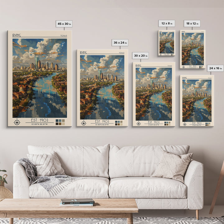 Irving Travel Poster, Framed Canvas Print, Travel Prints, Landscape Art, Retro Travel Poster, Watercolor Cityscape, Travel Art Print