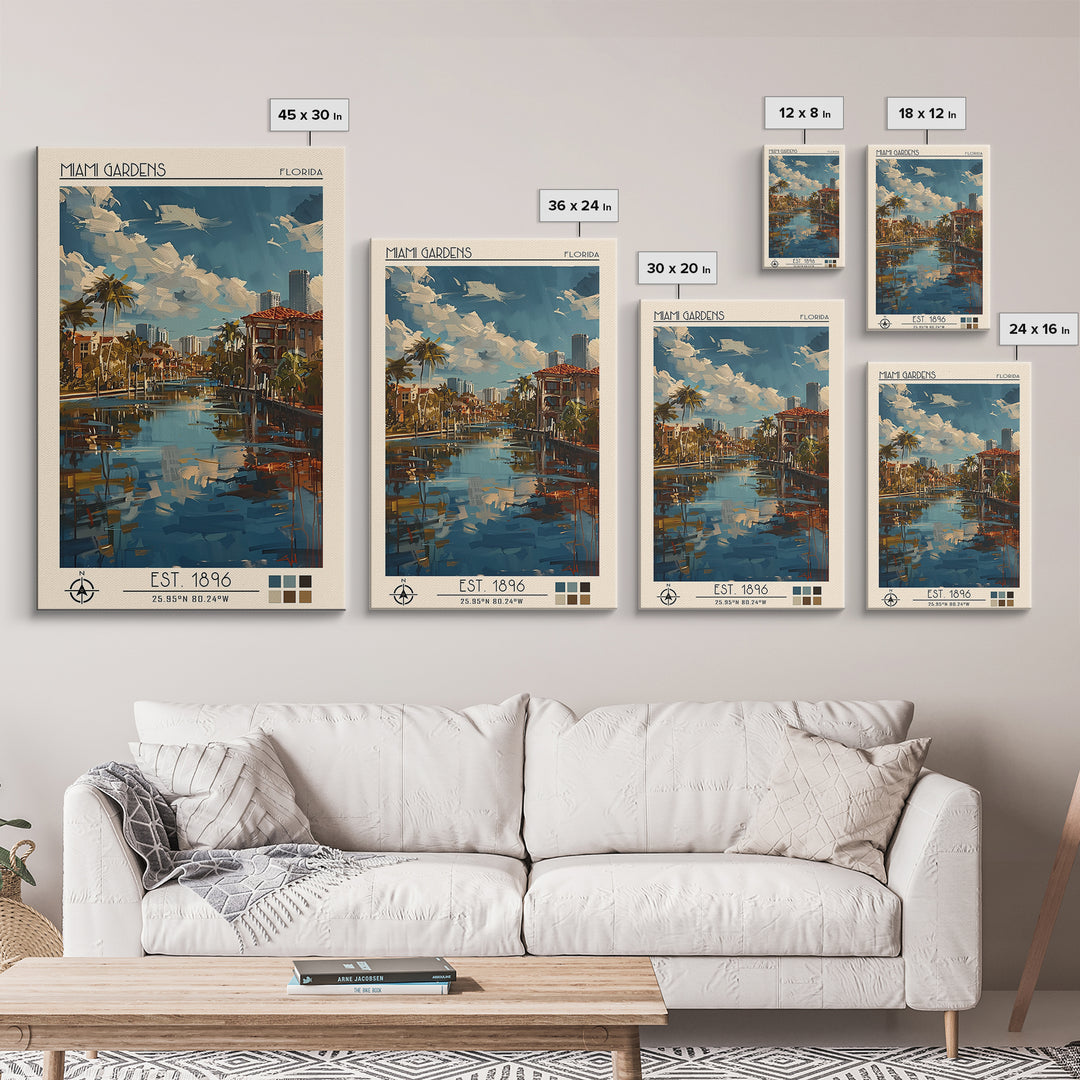 Miami Gardens Travel Poster, Framed Canvas Print, Travel Wall Art, City Wall Art, Travel Prints, Travel Art Print, Colorful Wall Art