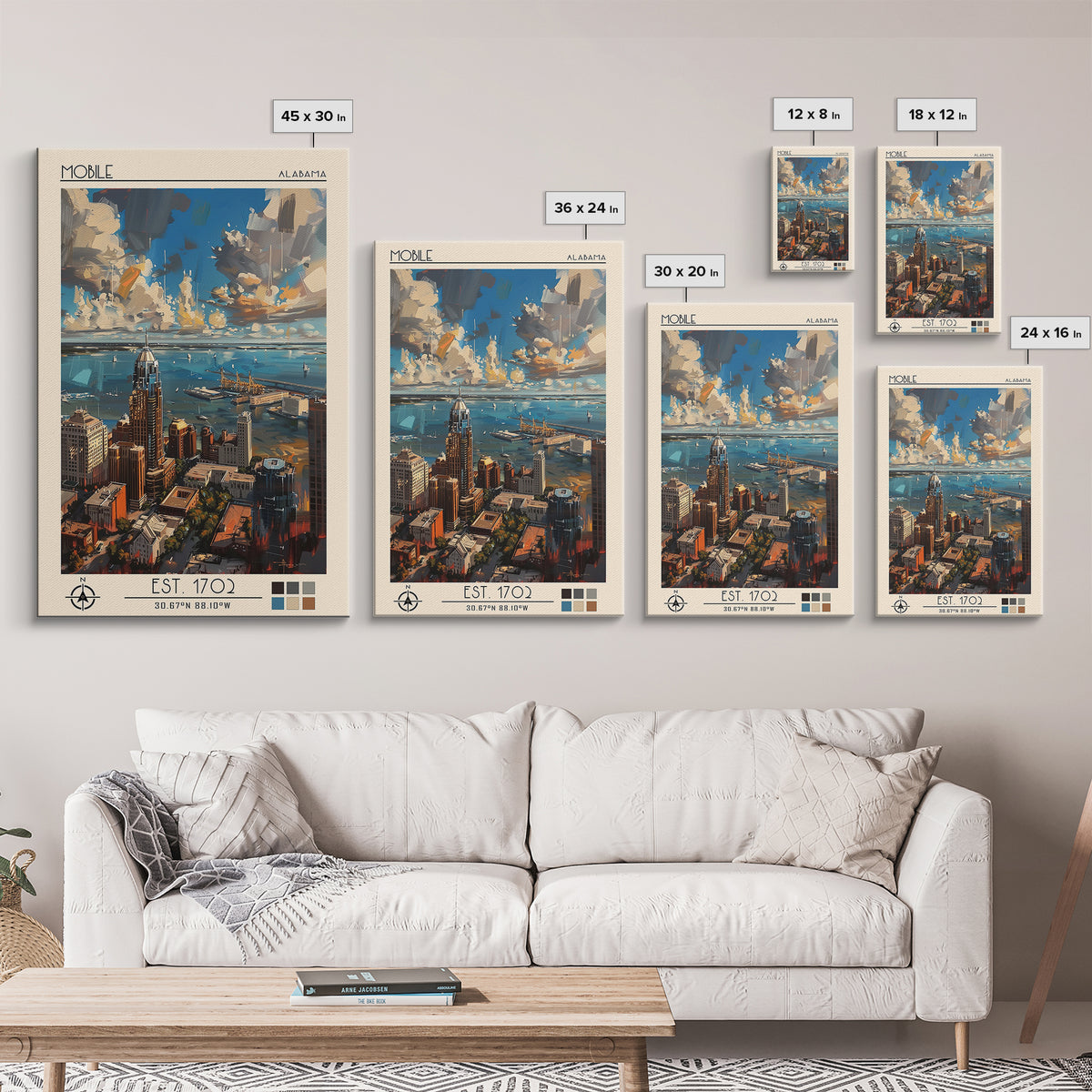Mobile Travel Poster, Framed Canvas Print, Retro Wall Art, Travel Print, Travel Prints, Wall Art, Travel Wall Art, City Illustration