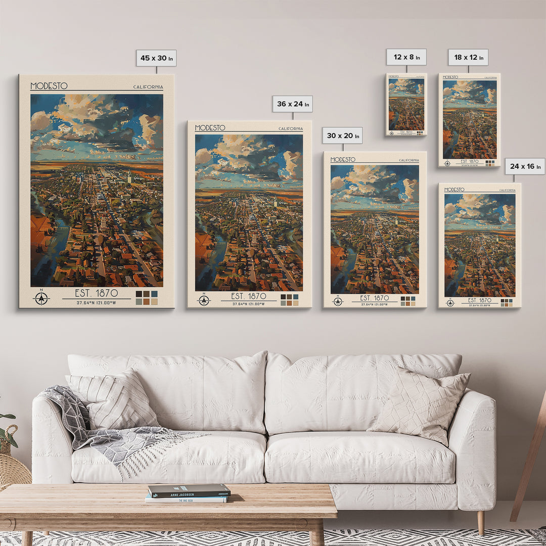 Modesto Travel Poster, Framed Canvas Print, Retro Wall Art, Travel Print, Minimalist Poster, Modern Wall Decor, Living Room Wall Art