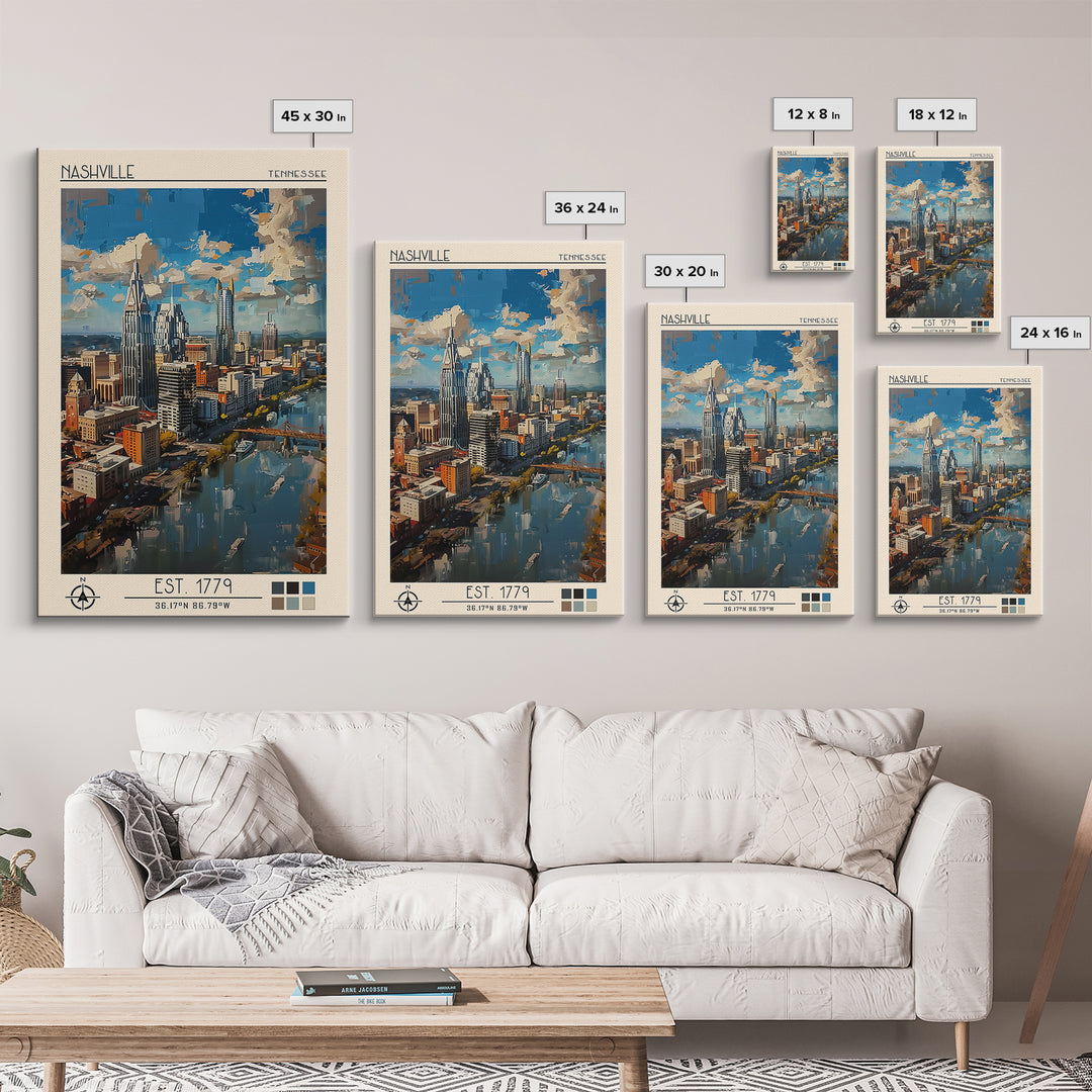 Nashville Travel Poster, Framed Canvas Print, Retro Wall Art, Travel Print, Retro Travel Print, Modern Wall Decor, Colorful Wall Art