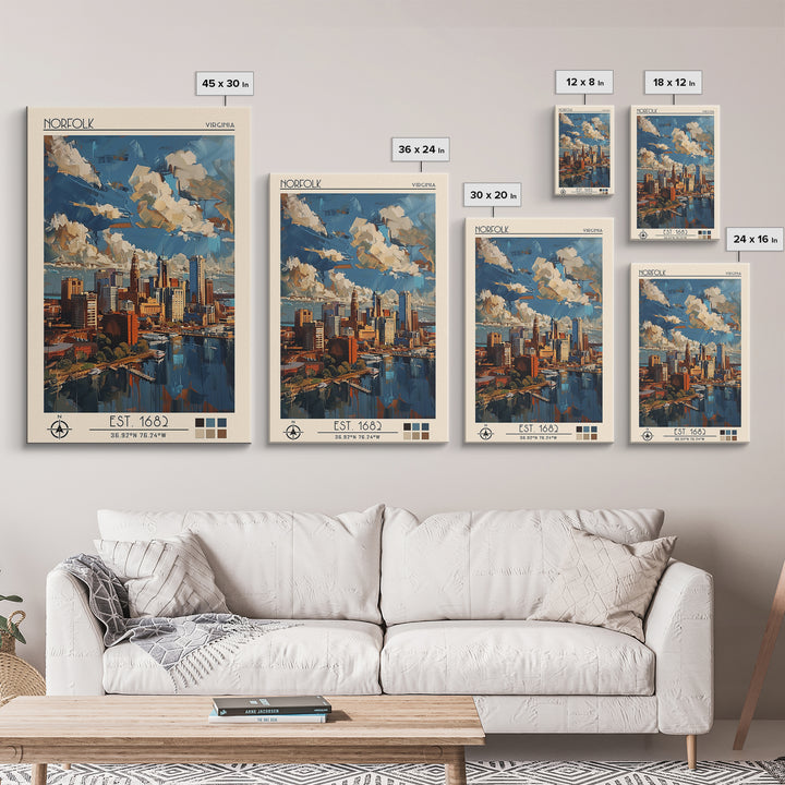 Norfolk Travel Poster, Framed Canvas Print, City Travel Poster, Travel Wall Art, Travel Wall Decor, Modern Wall Decor, City Wall Art