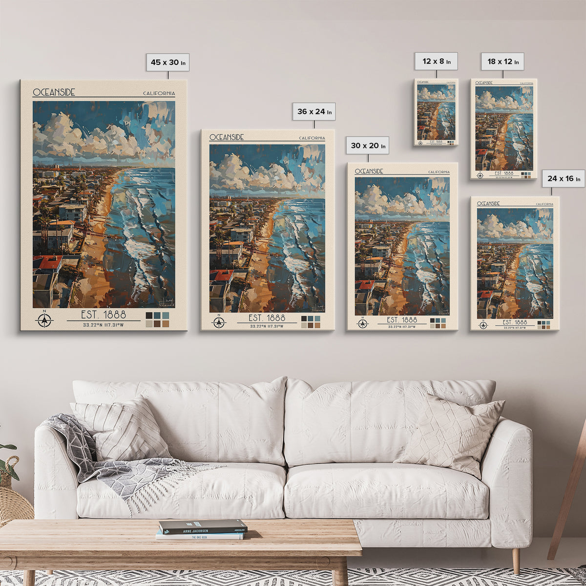 Oceanside Travel Poster, Framed Canvas Print, Retro Travel Poster, City Wall Art, Travel Decor, Retro Wall Art, Mid Century Wall Art
