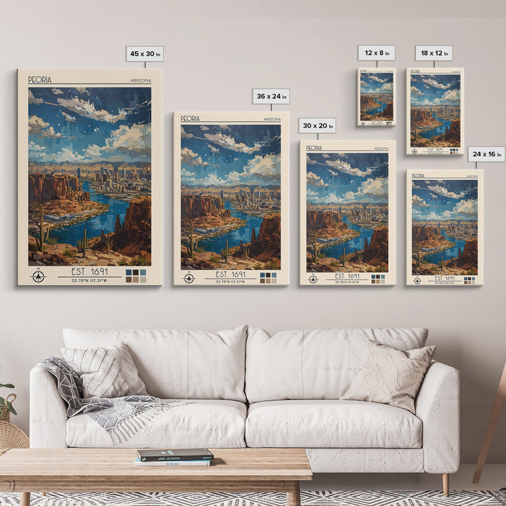 Peoria Travel Poster, Canvas Print, City Travel Poster, Travel Wall Decor, City Wall Art, Mid Century Wall Art, Living Room Wall Art