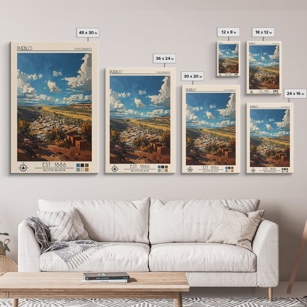 Pueblo Travel Poster, Framed Canvas Print, City Art Print, Travel Wall Art, Vintage Posters, Retro Wall Art, Wall Art, Landscape Art