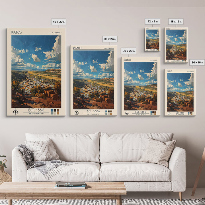 Pueblo Travel Poster, Framed Canvas Print, City Art Print, Travel Wall Art, Vintage Posters, Retro Wall Art, Wall Art, Landscape Art