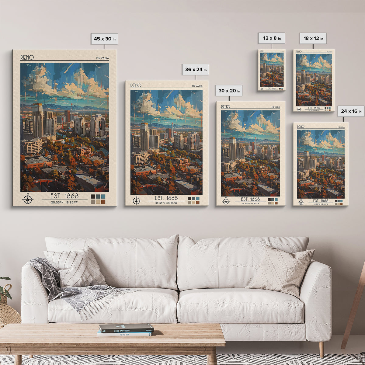 Reno Travel Poster, Framed Canvas Print, Travel Prints, Landscape Art, Home Decor, Fine Art Print, Travel Wall Decor, City Art Print