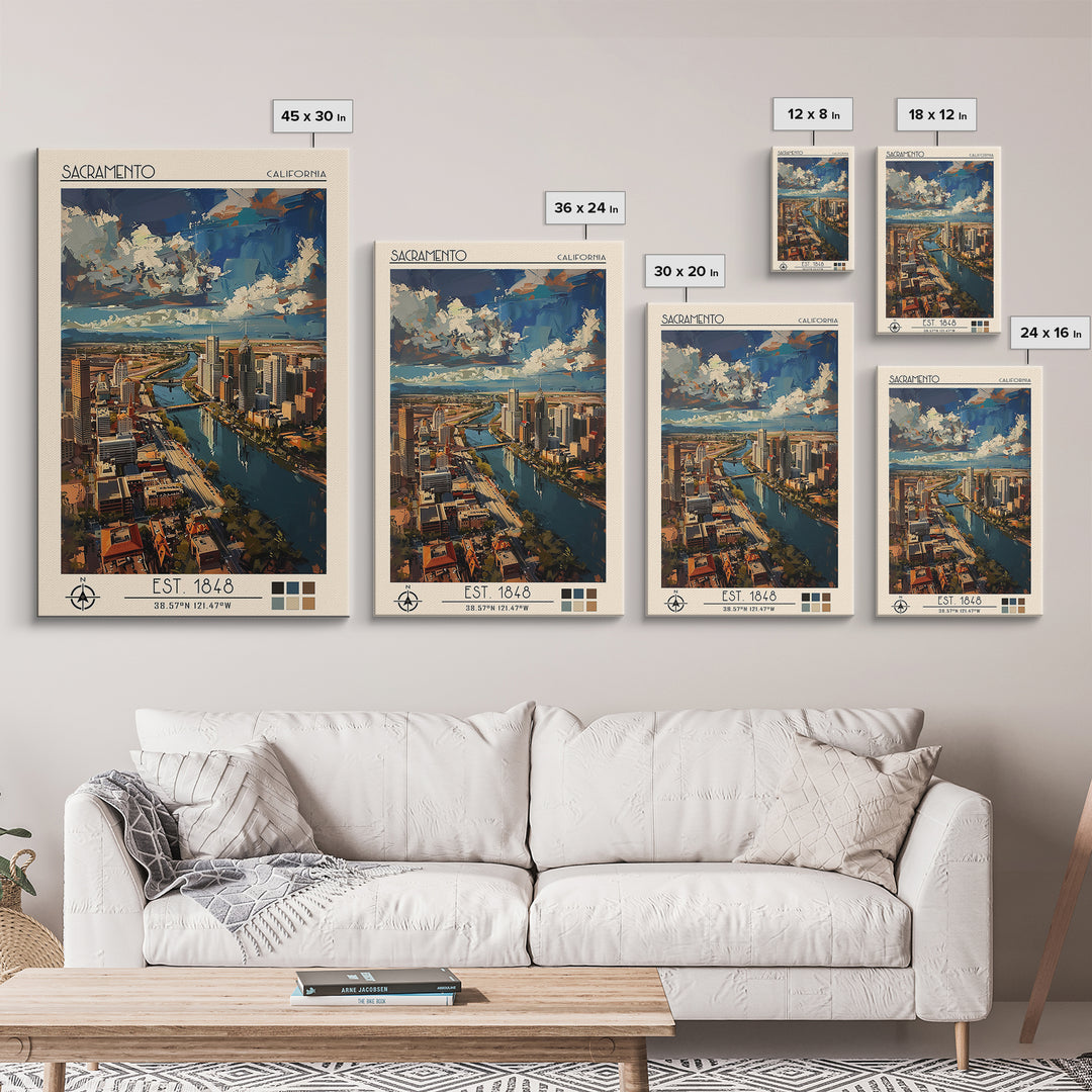 Sacramento Travel Poster, Framed Canvas Print, Travel Art Print, Modern Wall Decor, Retro Travel Print, Art Print, Colorful Wall Art
